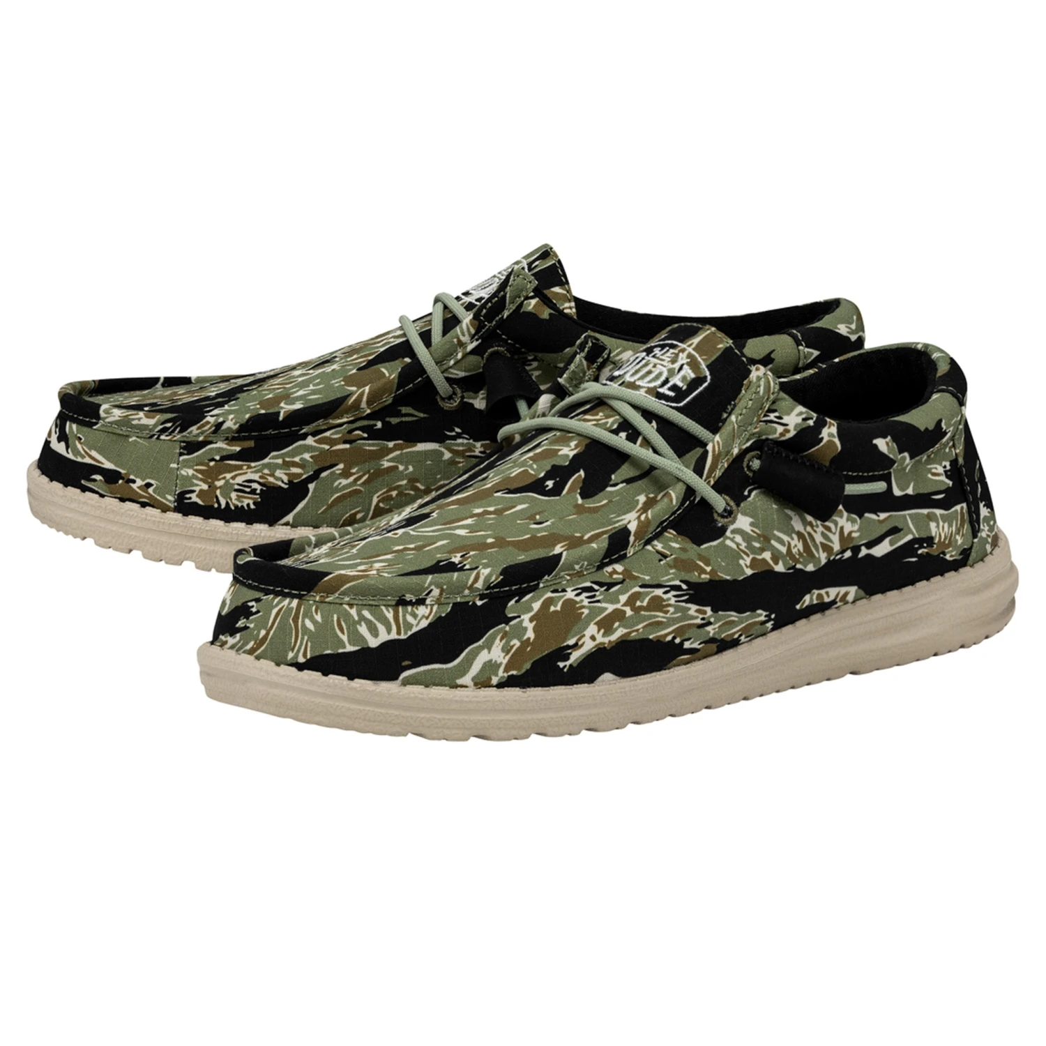 Hey Dude Men's Wally Ripstop Tiger Stripe Camo Heydude Hey Dude Men's Wally Ripstop Tiger Stripe Camo -Heydude Shop 40004 9CJ WALLYCAMOUFLAGE TIGERSTRIPECAMO PAIRSIDE